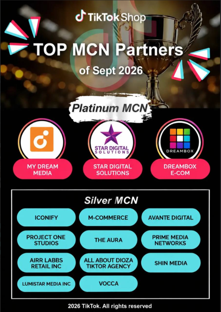 TikTok Shop Top MCN Partner September 2026 Official Award Certificate